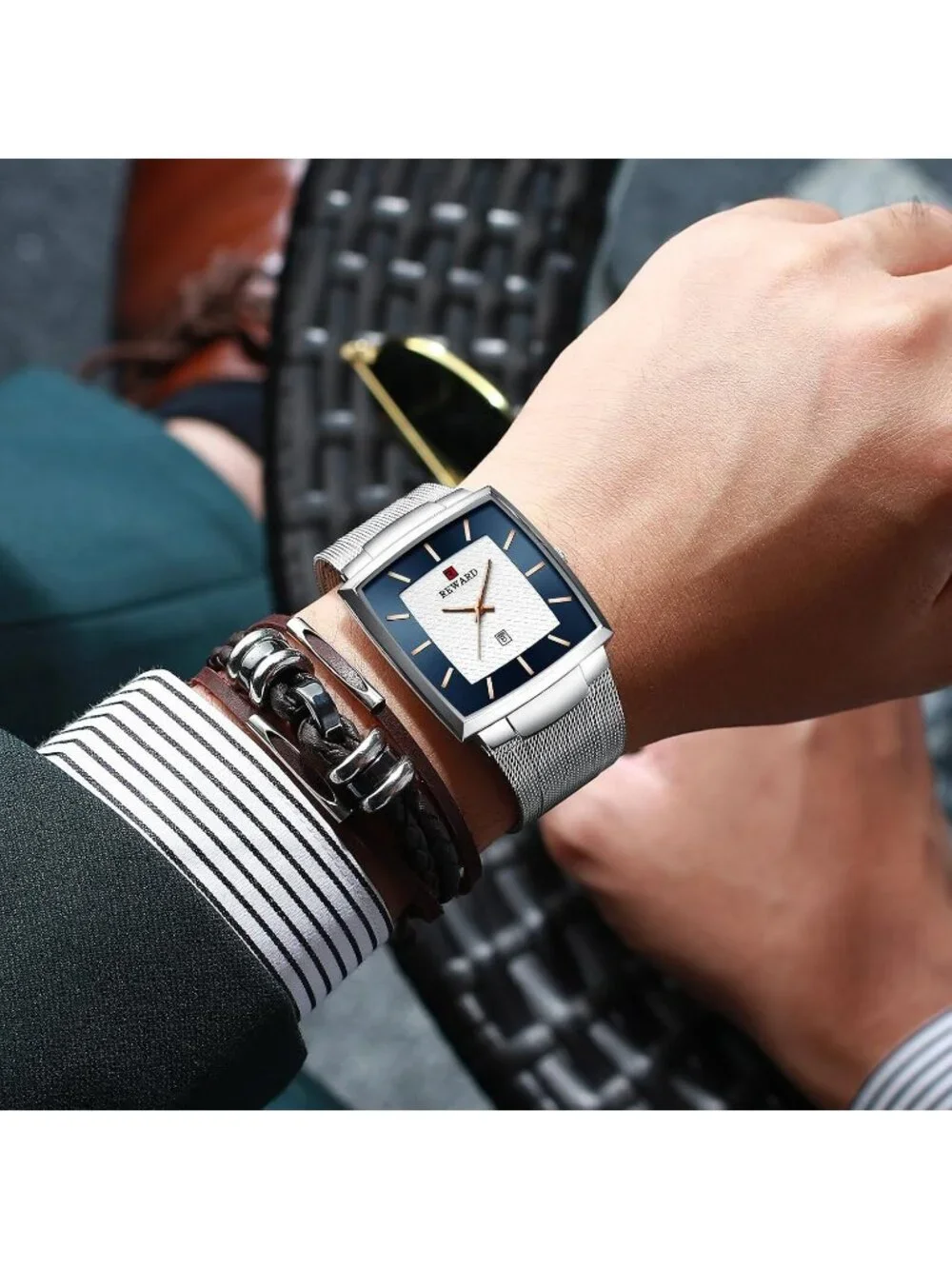 Men's Silver Gold Square Analog Quartz Stainless Steel Mesh Strap Wrist Watch